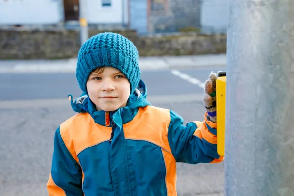 Niño de la escuela primaria caminando a la escuela en el frío día de invierno. Niño feliz en ropa de invierno caliente pulsando el botón del semáforo —  Fotos de Stock