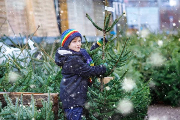 Liebenswerter kleiner lächelnder Junge mit Weihnachtsbaum auf dem Markt. Frohes gesundes Kind in Wintermode Kleidung aussuchen und kaufen großen Weihnachtsbaum im Outdoor-Shop. Familie, Tradition, Feier. — Stockfoto