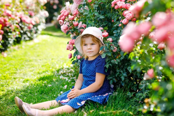 Portret van een kleuter in een bloeiende rozentuin. Schattig mooi mooi kind dat plezier heeft met rozen en bloemen in een park op zomerse zonnige dag. Gelukkig lachende baby. — Stockfoto