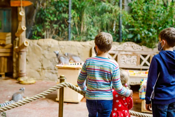 Два мальчика и девочка-малышка, посещающие вместе зоопарк. Трое детей смотрят на животных и насекомых. Школьники в медицинских масках из-за пандемии коронного вируса. Семья на проживании — стоковое фото