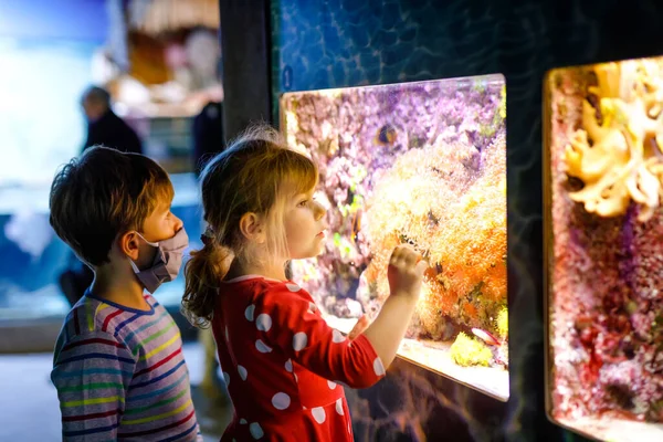 Ragazzo e bambina che visitano insieme l'acquario dello zoo. Due bambini che guardano pesci, coralli e meduse. Bambino della scuola che indossa maschere mediche a causa del tempo pandemico del virus della corona. Famiglia in soggiorno — Foto Stock