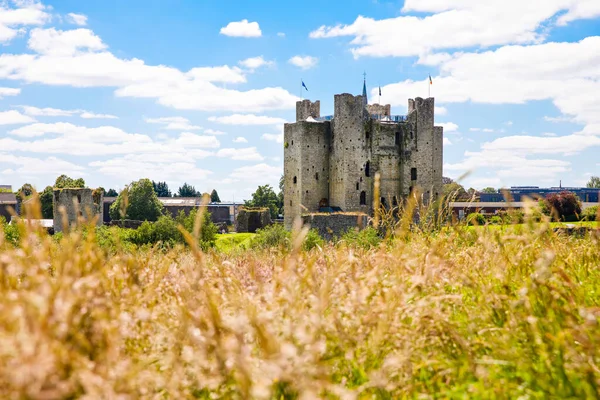 A panorámás kilátás nyílik Trim kastély Megyei Meath a folyó Boyne, Írország. Ez Írország legnagyobb angol-normann kastélya. — Stock Fotó