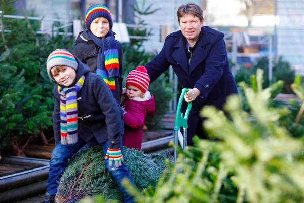 Ein kleines Mädchen, zwei Jungen und ein Vater halten den Weihnachtsbaum auf dem Markt. Glückliche Familie, niedliche Kinder und Mann mittleren Alters in Wintermode Kleidung auswählen und kaufen Weihnachtsbaum im Outdoor-Shop. — Stockfoto