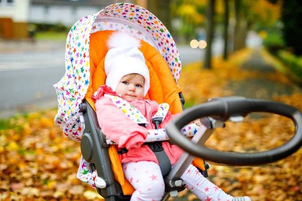 Cute little beautiful baby girl sitting in the pram or stroller on autumn day. Happy healthy child going for a walk on fresh air in warm clothes. Baby with yellow fall maple trees in colorful clothes