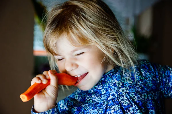 Mignonne adorable tout-petit fille tenant et mordant dans la carotte fraîche. Beatuiful enfant ayant une collation saine. Souriant enfant heureux mangeant des légumes bio — Photo