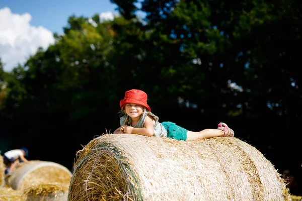 Little toddler girl having fun with running and jumping on hay stack or bale. Funny happy healthy child playing with straw. Active outdoors leisure with children on warm summer day. Kids and nature — Stock Photo, Image