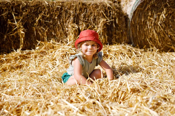 Little toddler girl having fun with running and jumping on hay stack or bale. Funny happy healthy child playing with straw. Active outdoors leisure with children on warm summer day. Kids and nature Royalty Free Stock Images