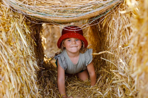 Kleine Mädchen haben Spaß beim Laufen und Springen auf Heustapeln oder Ballen. Lustiges fröhliches gesundes Kind, das mit Stroh spielt. Aktive Freizeitgestaltung im Freien mit Kindern an warmen Sommertagen. Kinder und Natur — Stockfoto