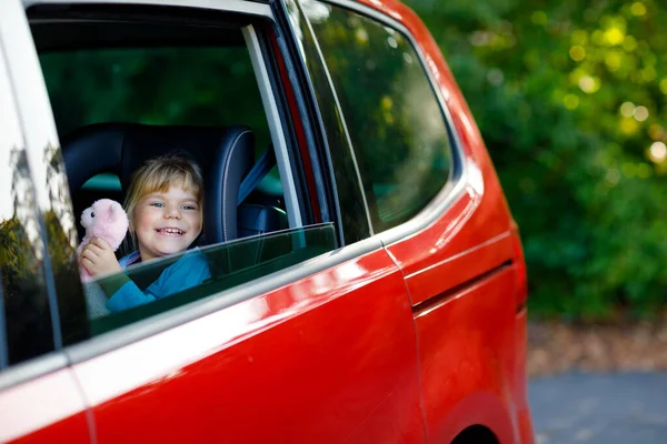 Adorable jeune fille assise dans le siège d'auto, tenant peluche jouet doux et regardant par la fenêtre sur la nature et la circulation. Petit enfant voyageant en voiture. Sécurité des enfants sur la route. Voyage en famille et vacances — Photo