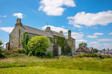 İrlanda, Boyne nehri kıyısındaki County Meath 'deki Trim kalesi yakınlarındaki eski evler. İrlanda 'daki en büyük Anglo-Norman kalesidir.