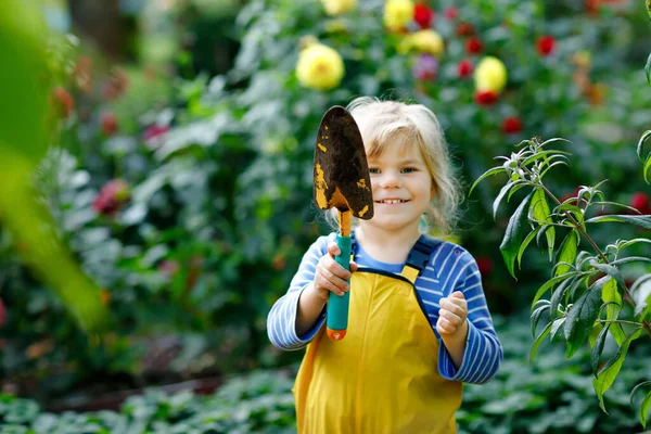 Αξιολάτρευτο κοριτσάκι που δουλεύει με φτυάρι στον κήπο. Χαριτωμένο παιδί μαθαίνει κηπουρική, φύτευση και καλλιέργεια λαχανικών σε οικιακό κήπο. Παιδί με εργαλεία κήπου. Οικολογία, βιολογικά τρόφιμα. — Φωτογραφία Αρχείου