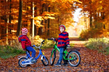 İki küçük çocuk çocuklar, Bisikletleri ile sonbahar ormandaki en iyi arkadaş. Etkin kardeş, çocuk bisiklet ile. Renkli moda erkek birlikte eğleniyor, gülen ve gülümseyen güneşli günde giyim sonbahar
