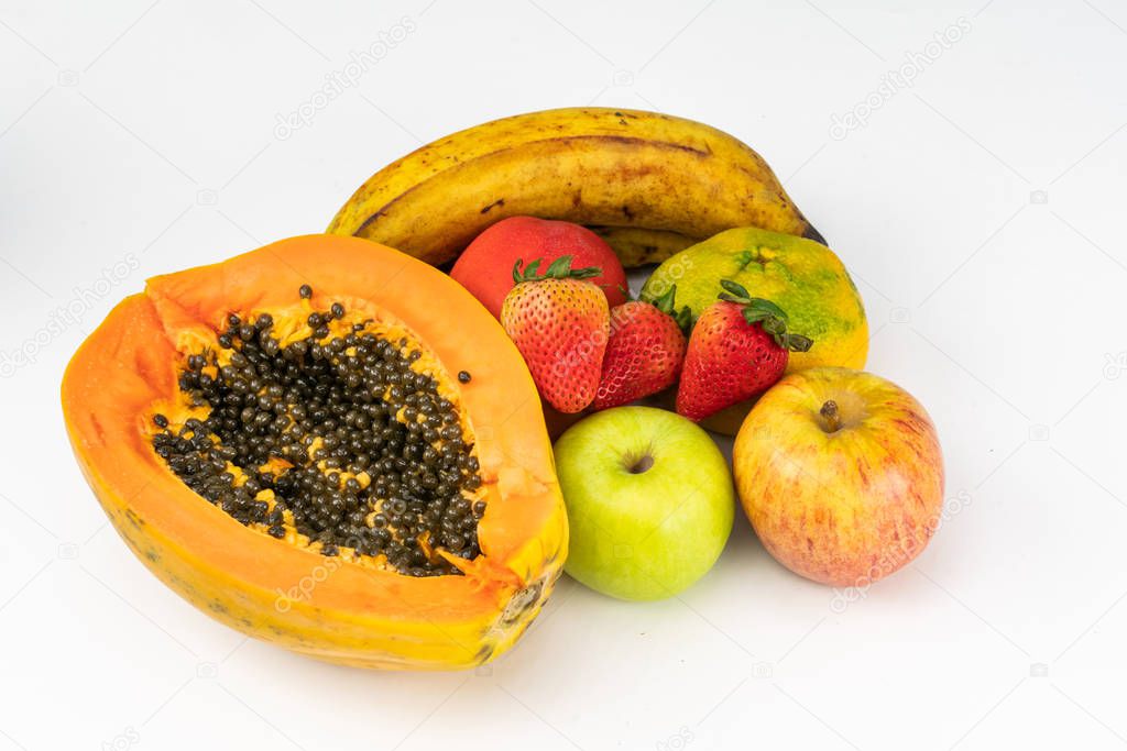 Fresh mixed fruits. Fruits background. Healthy eating, dieting.