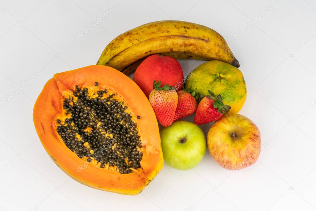 Fresh mixed fruits. Fruits background. Healthy eating, dieting.