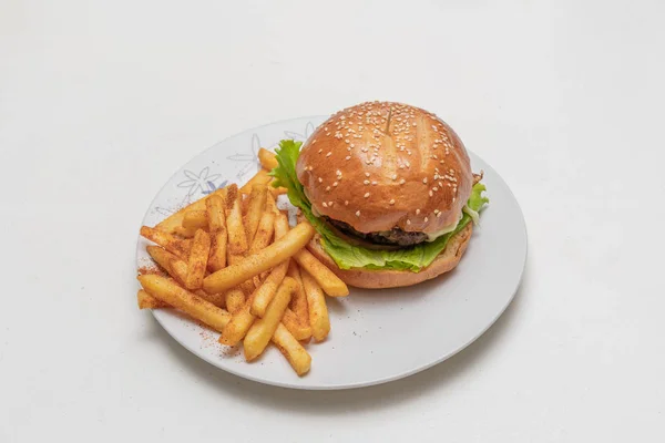 Hamburger with meat, tomato, lettuce and french fries.