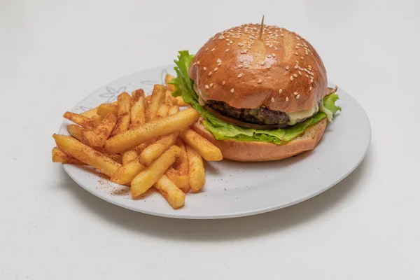 Hambúrguer Com Carne Tomate Alface Batatas Fritas — Fotografia de Stock