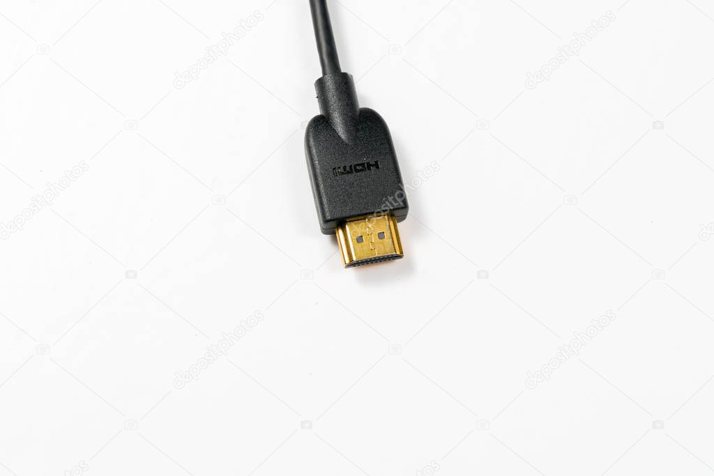 HDMI cable with gold plated connectors on white background