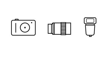 Fotoğraf makinesi, objektif ve flaş daire basit Icons set