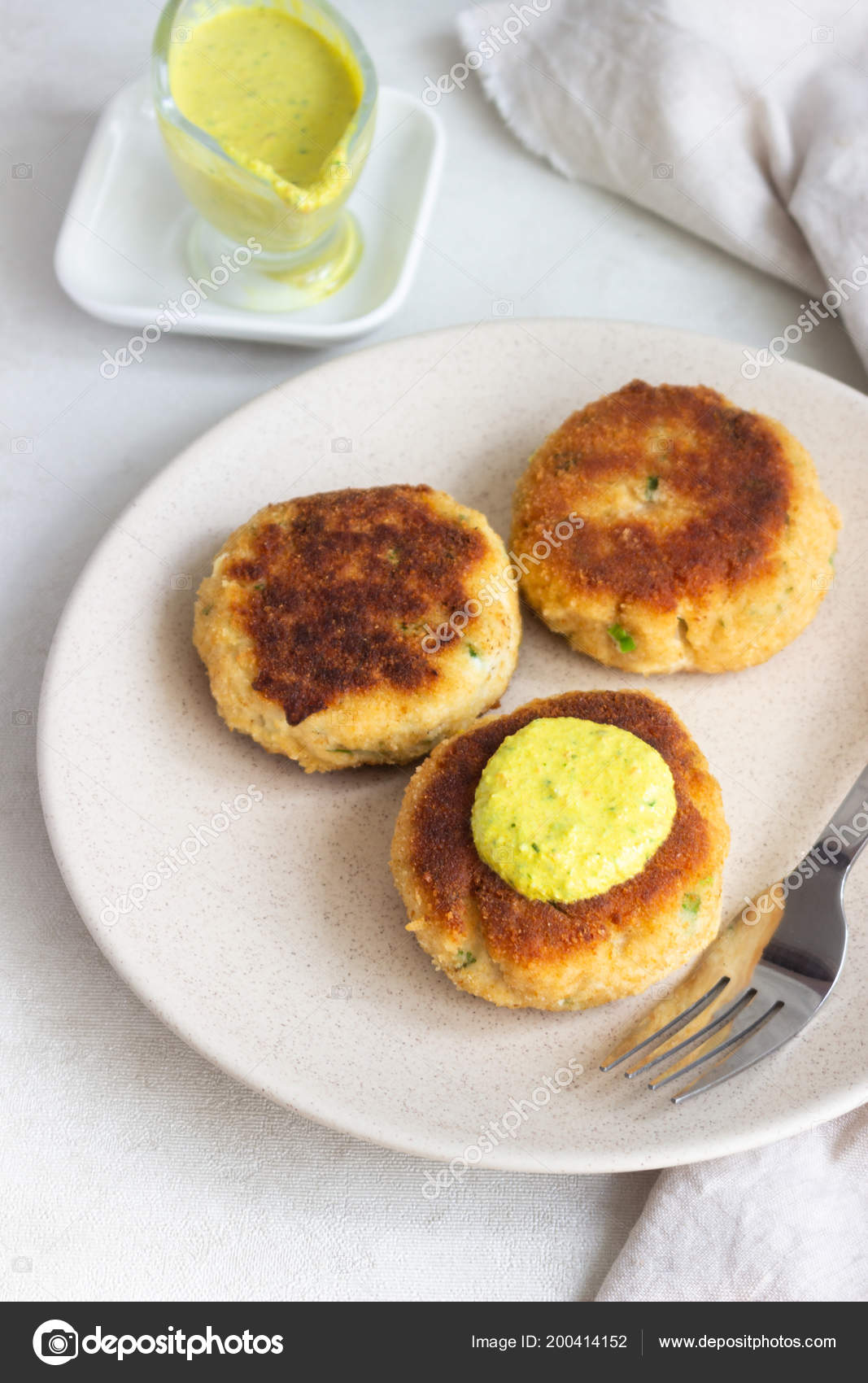 Healthy Fish Cod Cutlets Patties Cakes Sour Cream Dip Light Stock Photo