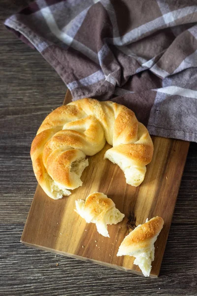 Välsmakande Bulle Trä Bakgrund Bröd Rulle Bulle — Stockfoto