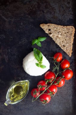 Taze fesleğen, mozzarella peyniri, zeytin yağı ve koyu arka plan üzerinde kiraz domates. İtalyan gıda veya maddeler arka plan. Caprese. Kopya alanı, üstten görünüm.