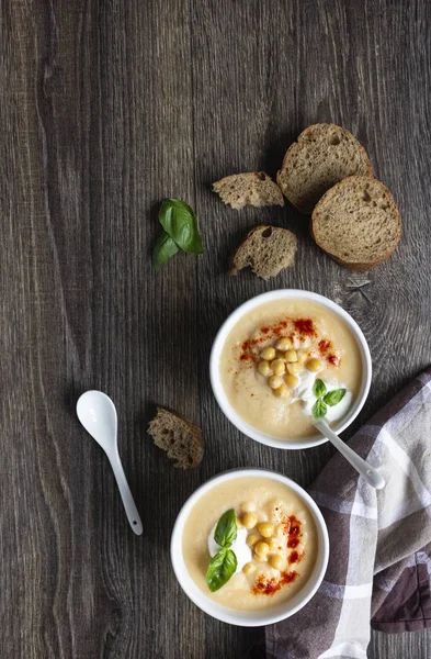 Sopa Creme Com Couve Flor Grão Bico Creme Leite Fundo — Fotografia de Stock