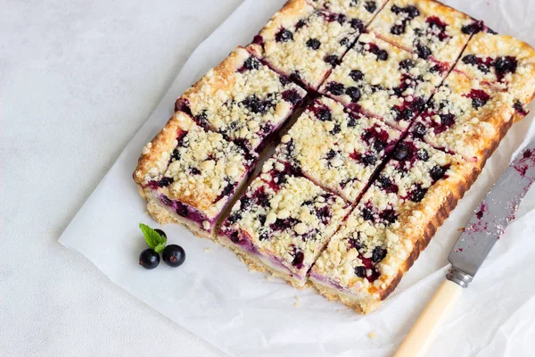 Limon, siyah frenk üzümü ve bir kağıt üzerinde streusel ile peynirli kek barlar.