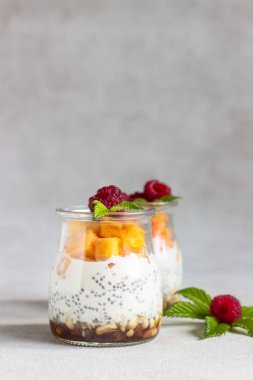 Vanilya chia tohum puding gözlük ile taze ahududu ve şeftali. Sağlıklı tatlı kahvaltı.