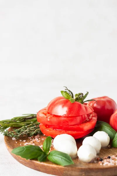 Mozzarella Tomato Basil Leaves Rosemary Thyme Wooden Plate Ingredients Italian — Stock Photo, Image