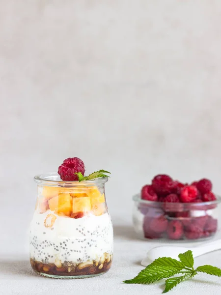 Vanille Chiasamen Pudding Gläsern Mit Frischen Himbeeren Und Pfirsichen Gesundes — Stockfoto