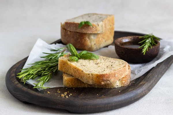 Loaf Fresh Baked Rye Bread Rosemary Basil Olive Oil Dark — Stock Photo, Image