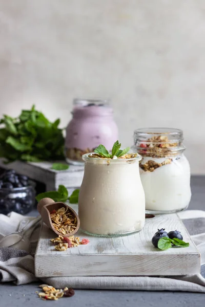 Kavanoz taze yaban mersini, granola ve nane ile sağlıklı yoğurtlu. Lezzetli gezegendeki