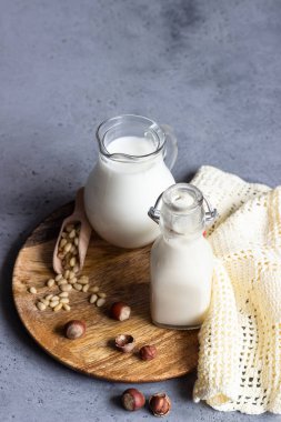 Organik vegan olmayan günlük süt süt kabı ve şişe gri beton zemin üzerine fındık ürün yelpazesine. Sağlık bakım, diyet ve beslenme kavramı. 