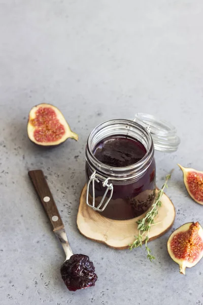Fig Jam Marmalade Preserving Glass Jar Figs Thyme Grey Concrete — Stock Photo, Image