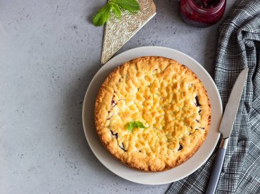 Ev yapımı lezzetli shortcrust pasta ile meyve ya da reçel, parçalamak ve gri beton zemin üzerine nane.