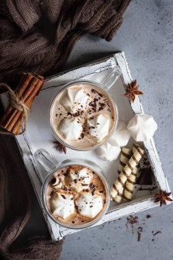 Cam Kupa şekerleme şeker, tarçın, anason, çikolata ve Gofretler ile sıcak çikolata kakao içecek. Uzay kopyalayın. Kış yiyecek ve içecek konsepti.