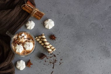 Cam Kupa şekerleme şeker, tarçın, anason, çikolata ve Gofretler ile sıcak çikolata kakao içecek. Uzay kopyalayın. Kış yiyecek ve içecek konsepti.