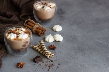 Cam Kupa şekerleme şeker, tarçın, anason, çikolata ve Gofretler ile sıcak çikolata kakao içecek. Uzay kopyalayın. Kış yiyecek ve içecek konsepti.