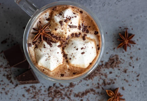 Warme Chocolade Cacao Drank Glas Mok Met Marshmallows Snoepjes Kaneelstokjes — Stockfoto