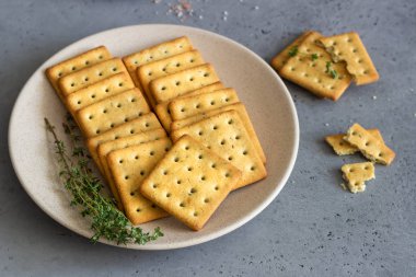 Tohum ve otlar gri beton zemin üzerine ince çıtır tuzlu kraker. 