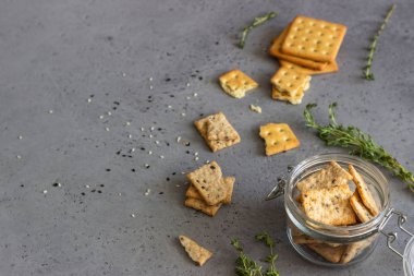 Tohum ve otlar gri beton zemin üzerine ince çıtır tuzlu kraker. 