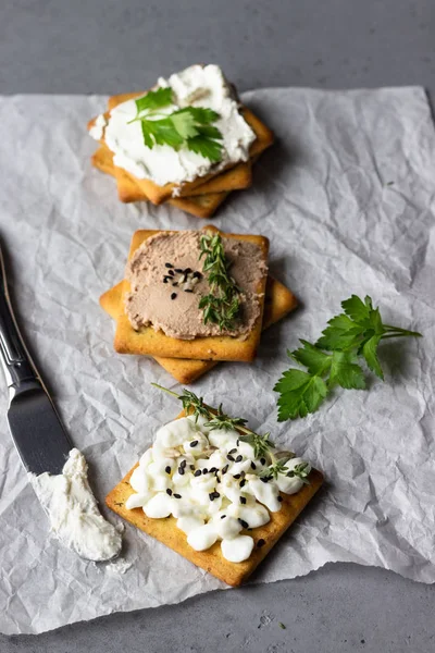 Tasty Salted Square Crackers Cream Cheese Cottage Cheese Liver Pate — Stock Photo, Image