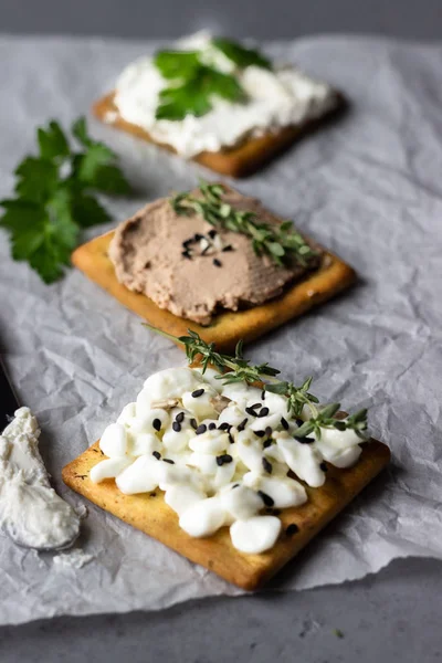 Välsmakande Saltat Fyrkantiga Kex Med Färskost Keso Leverpastej Frön Och — Stockfoto