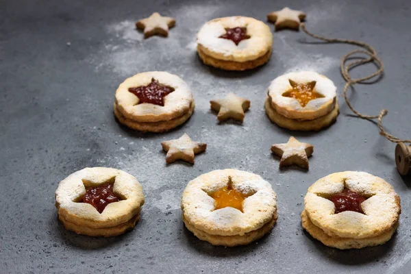 Christmas New Year Homemade Cookies Red Orange Jam Flat Lay — Stock Photo, Image