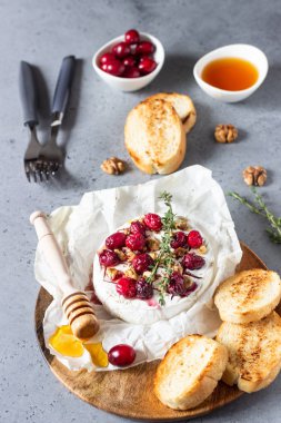 Kızılcık, ceviz, bal ve parşömen kağıt üzerine kekik ile pişmiş peyniri. Peynir Brie türü. Gri kayrak, taş veya beton tablo. Kopya alanı.