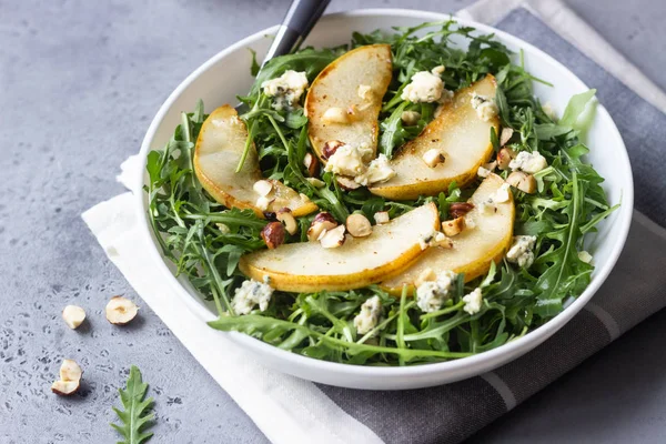 Arugula Gorgonzola Insalata Caramellata Pere Noci Cibo Sano Colazione Leggera — Foto Stock