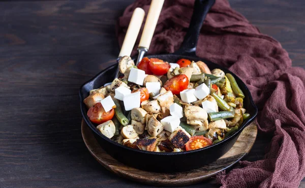 Mushrooms Green Beans Tomatoes Bread Cast Iron Pan Old Wooden — Stock Photo, Image