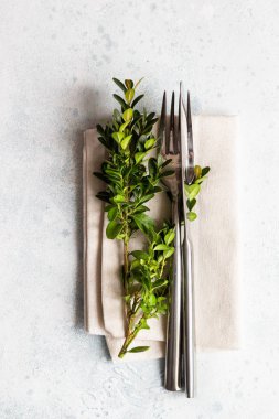 Bahar sofra. Hafif beton arka plan. Üstten görünüm. Kopya alanı.