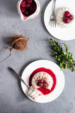 Süzme peynir tatlısı (jöle veya panna cotta) vişne sos ve kakao ile. Sağlıklı kahvaltı ya da tatlı.  