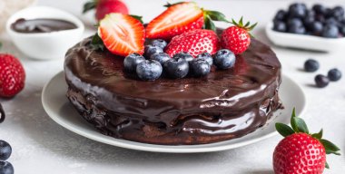 Peynirli kuru üzüm ile dekore edilmiş çikolata sır ve taze çilek ve yaban mersini.